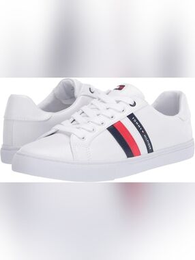 Tommy Hilfiger White Leather Sneakers with Red & Navy Stripe NWOB